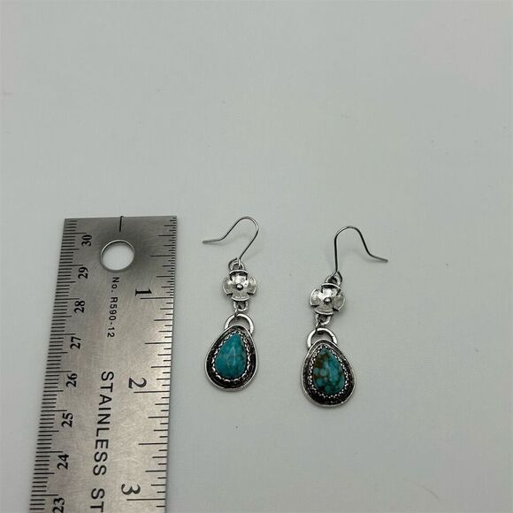 Boho Faux Turquoise Teardrop Long Dangle Earrings Floral Silver Tone Pierced - Picture 7 of 10